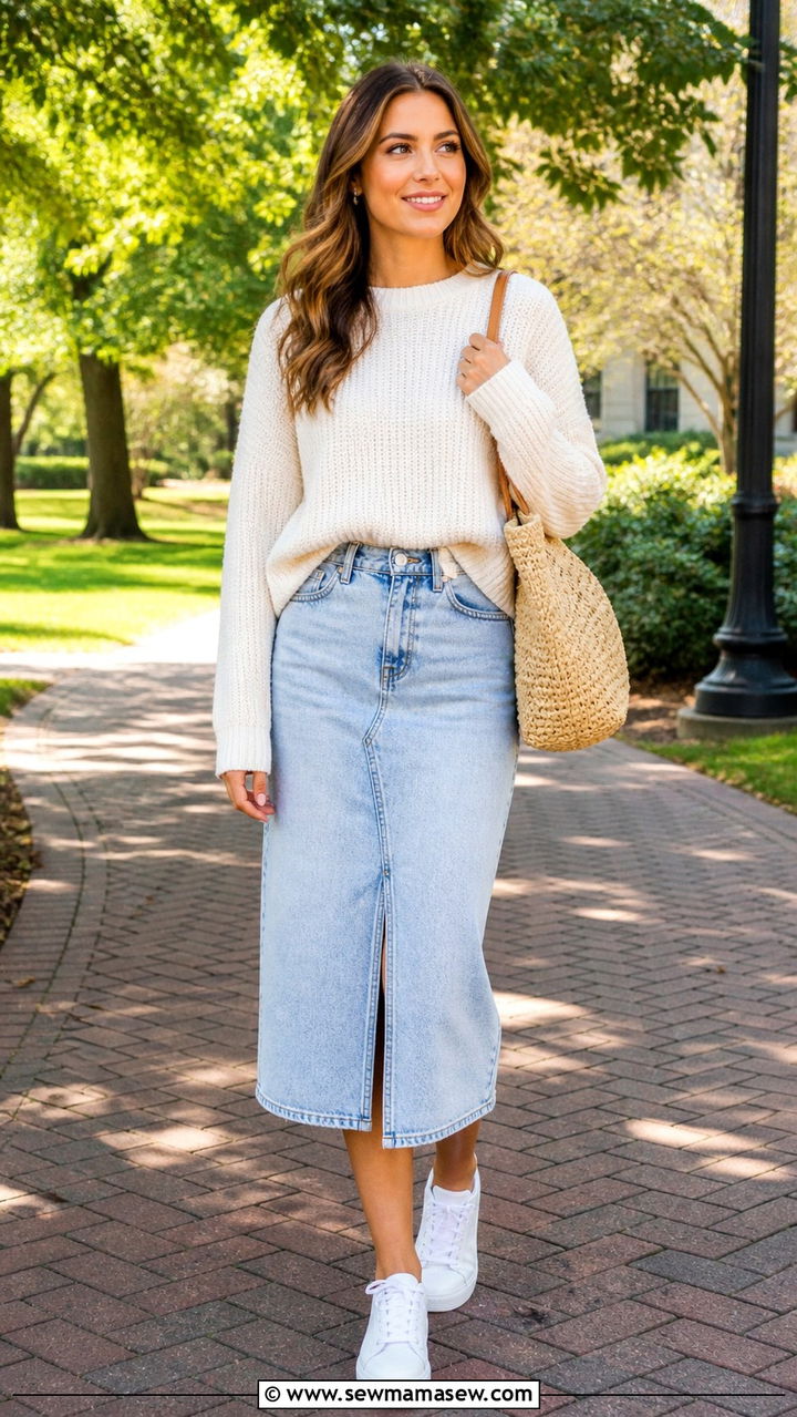 Denim Skirt with Oversized Sweater and White Sneakers - 40 back to school outfits ideas