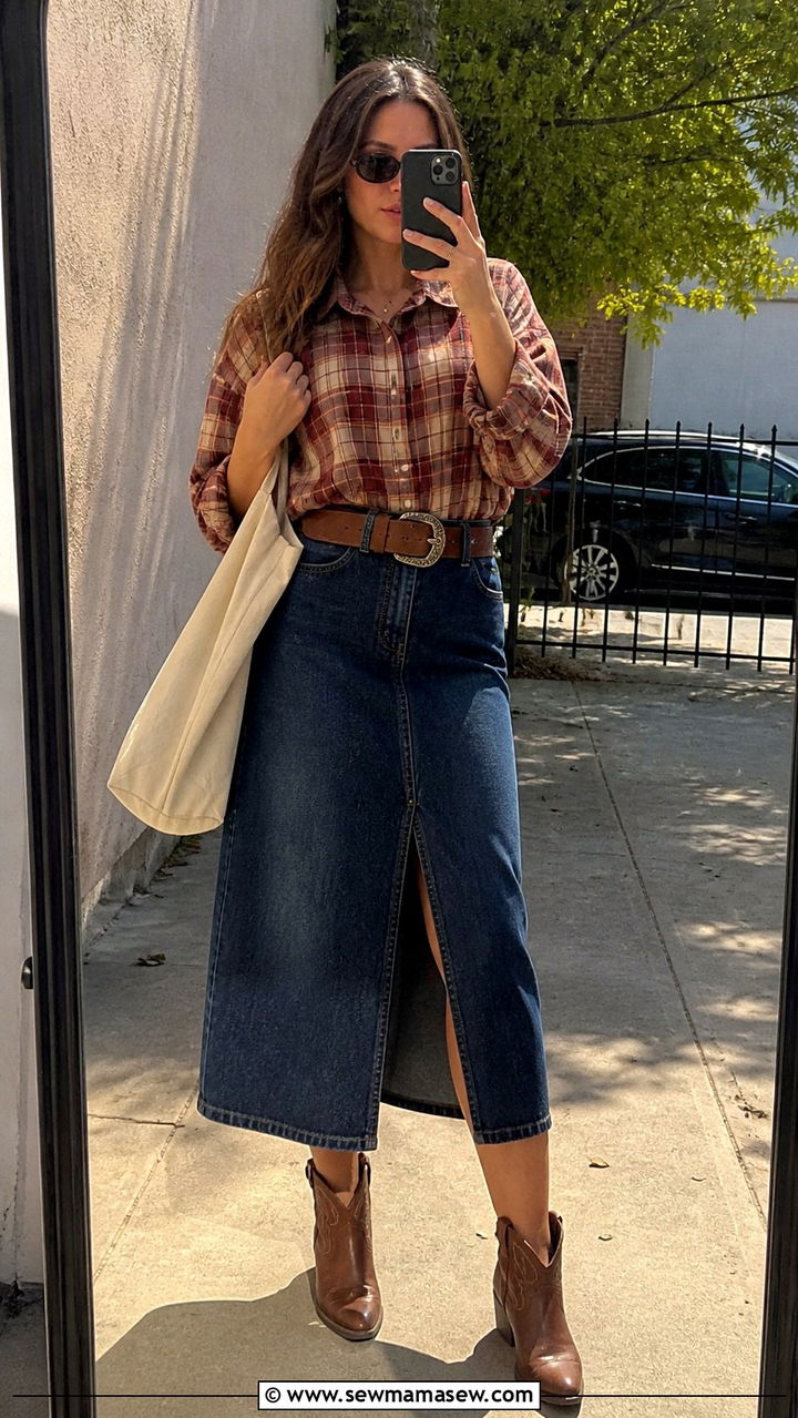 Denim Skirt with Plaid Shirt and Western Belt - 40 western outfits for women