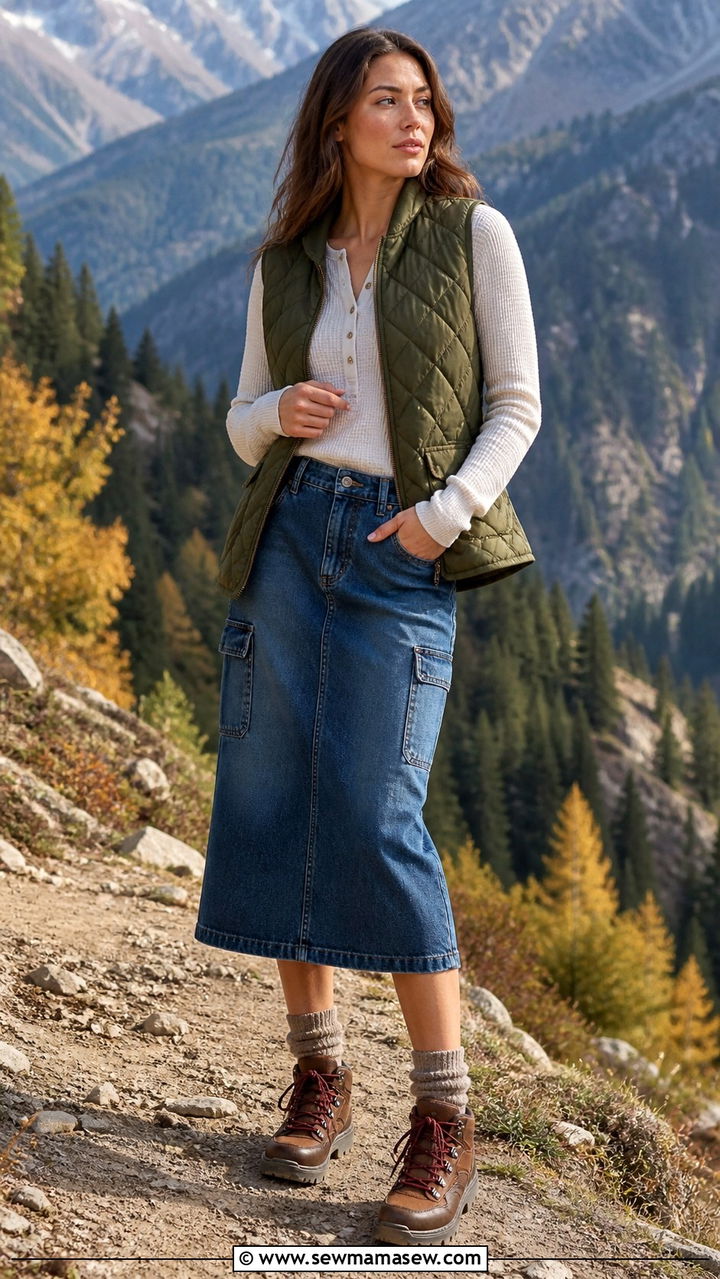 Denim Skirt with Quilted Vest and Hiking Boots - 40 denim skirt outfit ideas