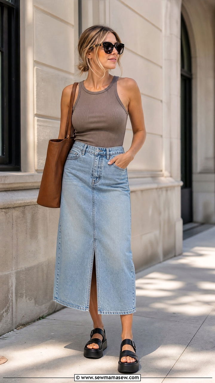 Denim Skirt with Ribbed Tank and Platform Sandals - 25 how to style denim skirt outfits