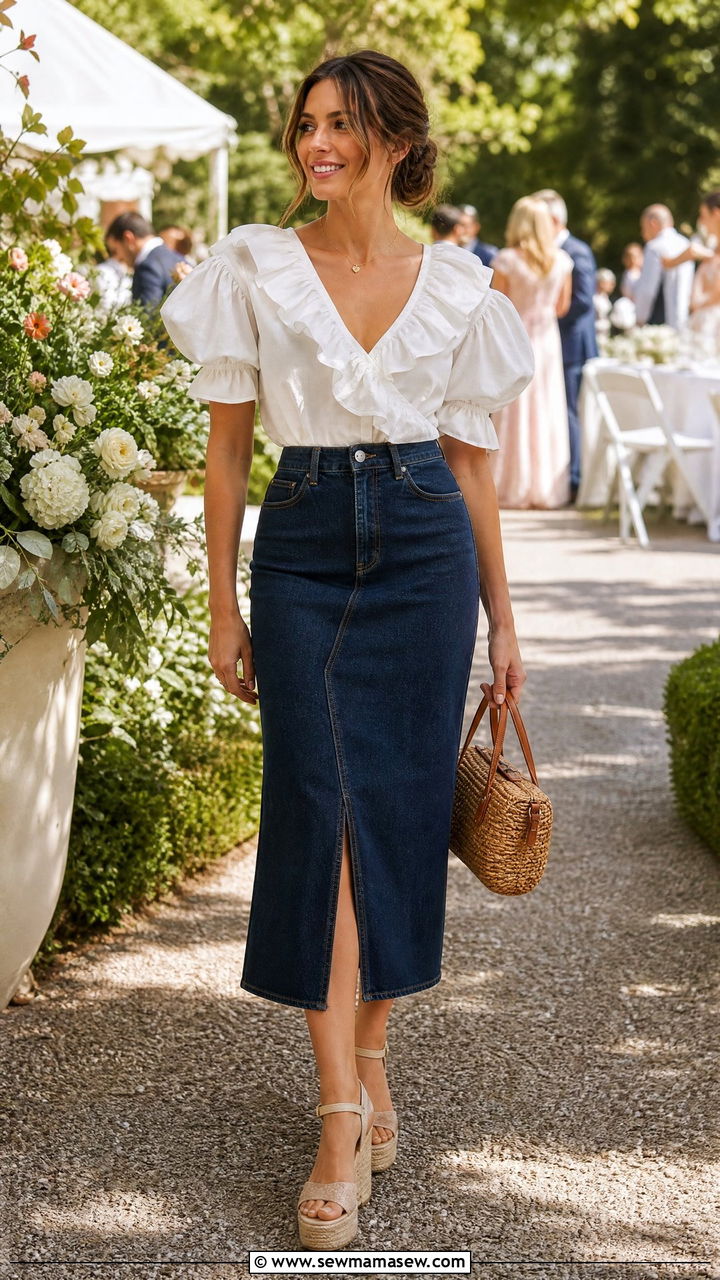 Denim Skirt with Ruffled Blouse and Heeled Espadrilles - 30 Summer outfits with denim skirts