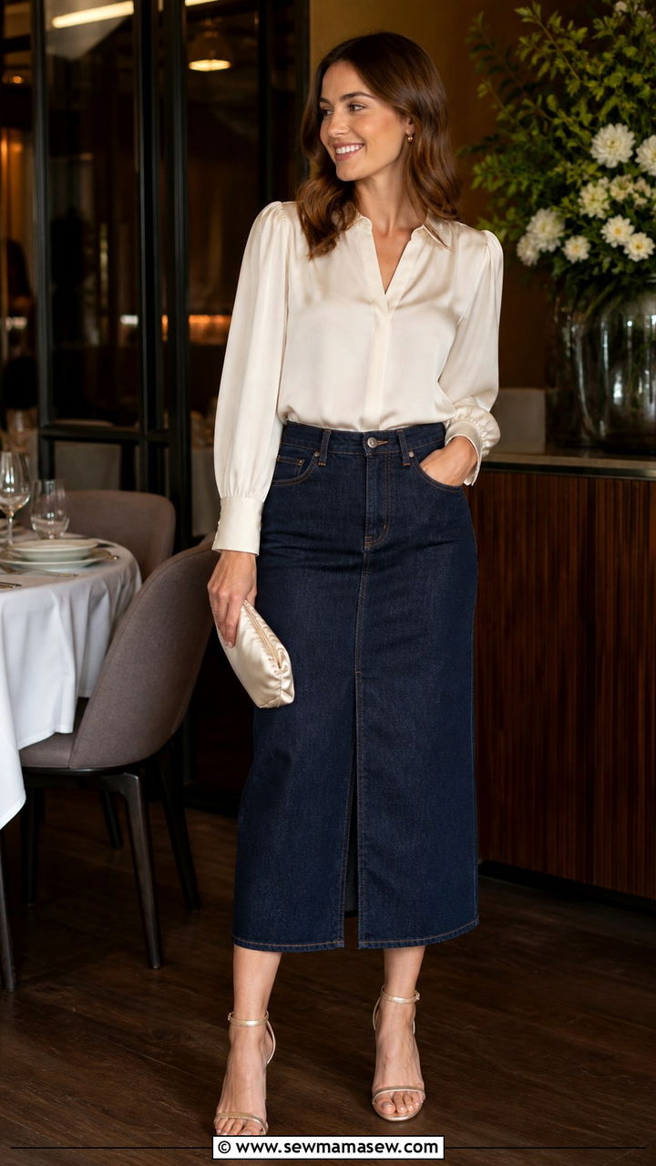 Denim Skirt with Silk Blouse and Strappy Heels - 40 denim skirt outfit ideas