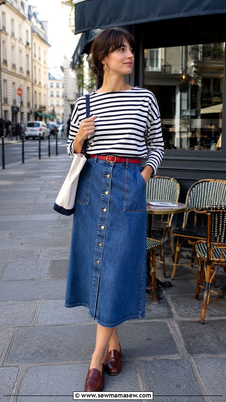 Denim Skirt with Striped Breton Top and Loafers - 30 Spring outfits with denim skirts