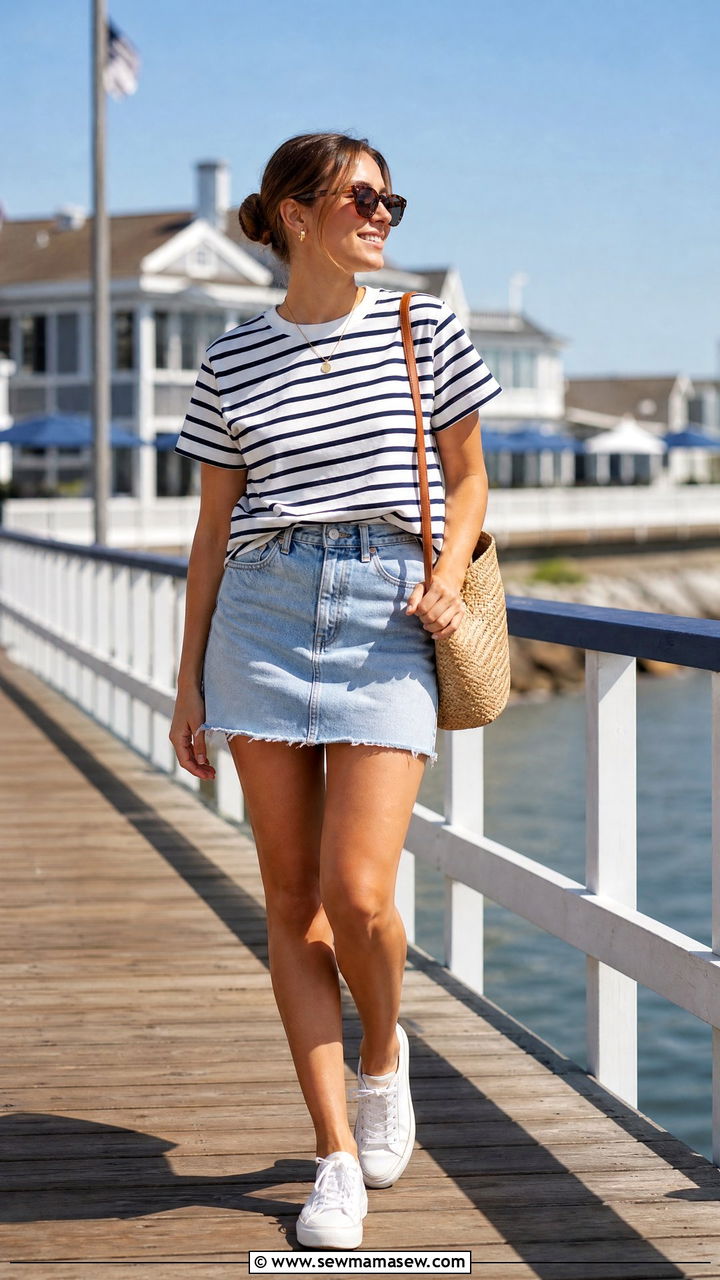 Denim Skirt with Striped Tee and Canvas Sneakers - 30 Summer outfits with denim skirts