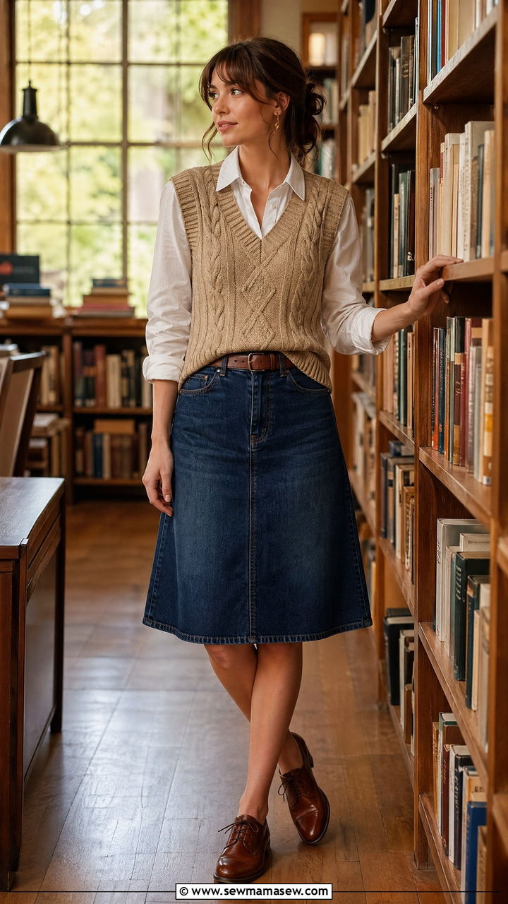 Denim Skirt with Sweater Vest and Oxford Shoes - 35 denim skirt outfits for women