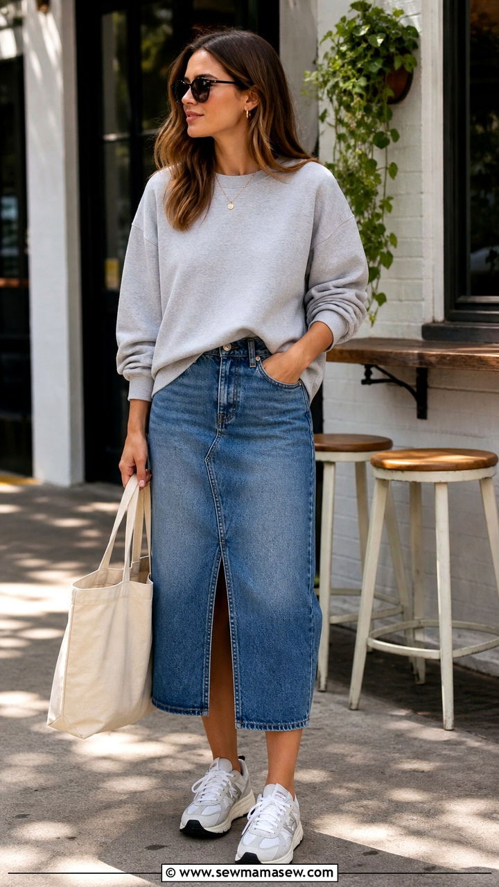 Denim Skirt with Sweatshirt and Dad Sneakers - 40 denim skirt outfit ideas