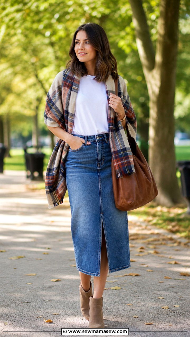 Denim Skirt with T Shirt and Oversized Scarf - 40 denim skirt outfit ideas