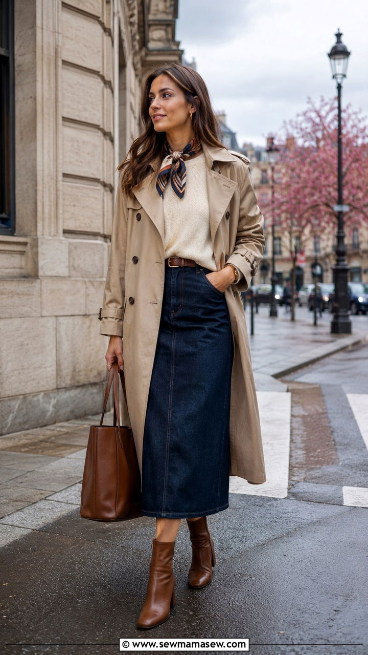 Denim Skirt with Trench Coat and Ankle Boots - 30 Spring outfits with denim skirts