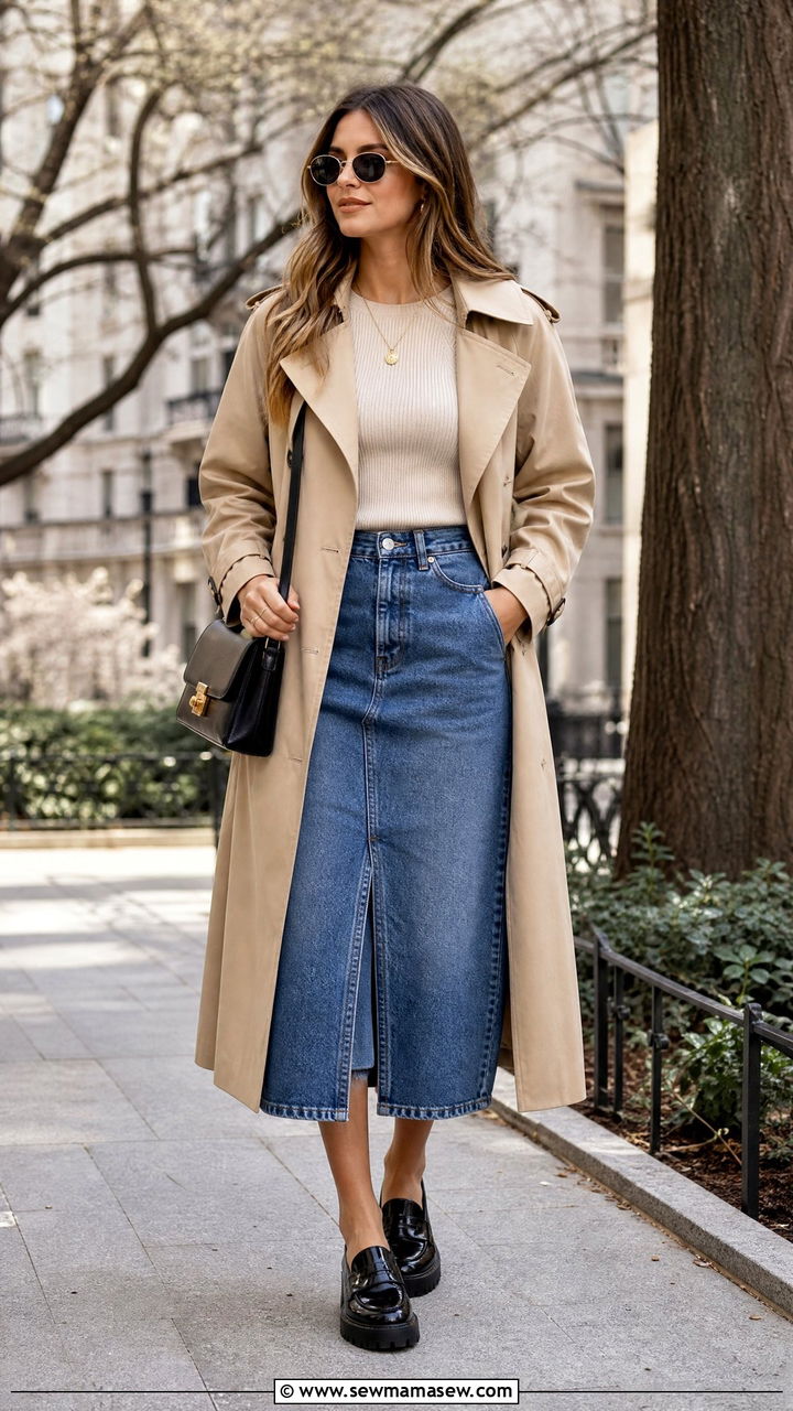Denim Skirt with Trench Coat and Lug Sole Loafers - 25 how to style denim skirt outfits