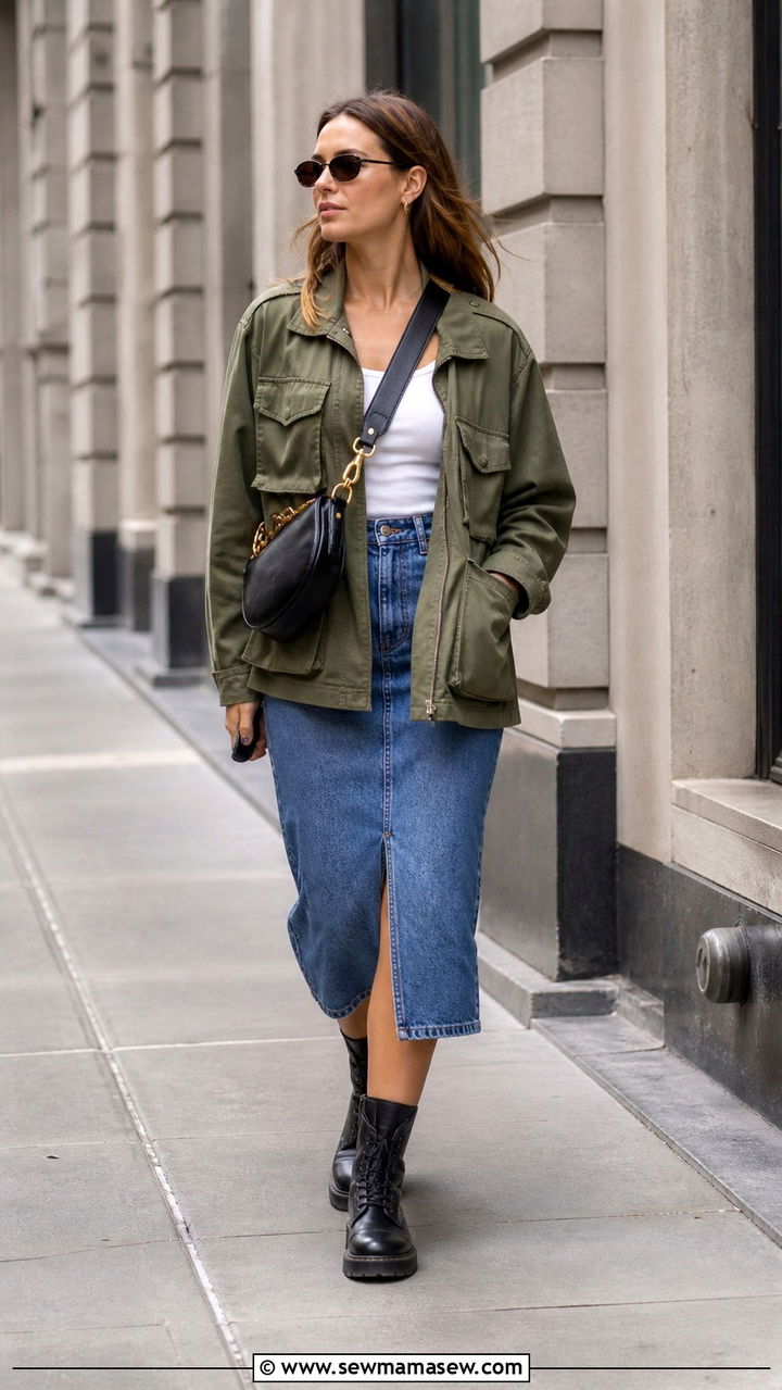 Denim Skirt with Utility Jacket and Combat Boots - 40 denim skirt outfit ideas
