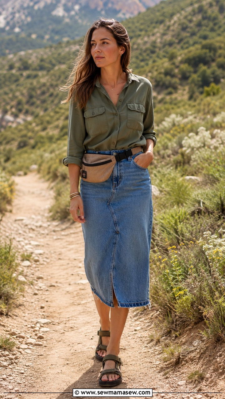 Denim Skirt with Utility Shirt and Hiking Sandals - 30 Spring outfits with denim skirts