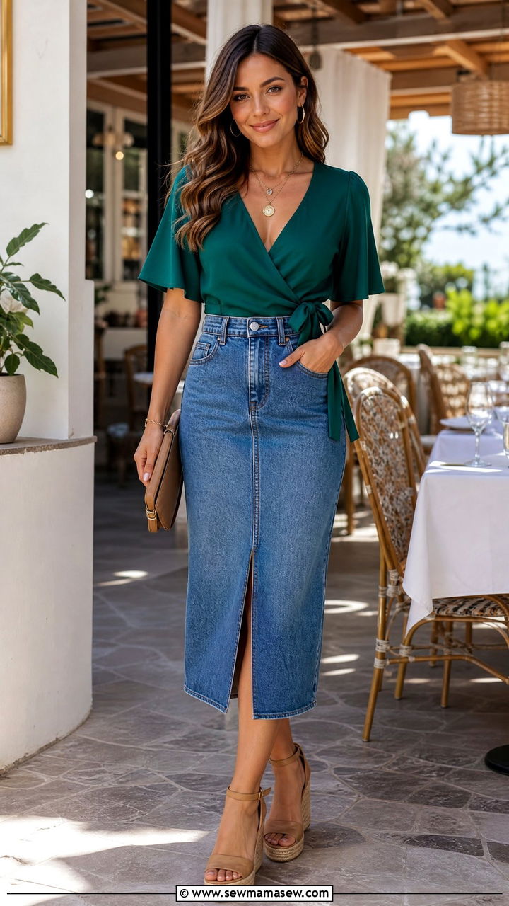 Denim Skirt with Wrap Top and Wedge Heels - 30 Summer outfits with denim skirts