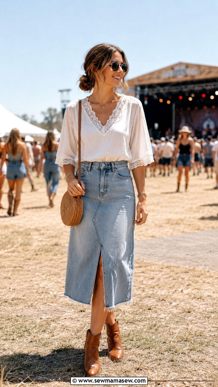 Denim Skirt with a Lace Trimmed Blouse - 30 modest music festival outfit ideas