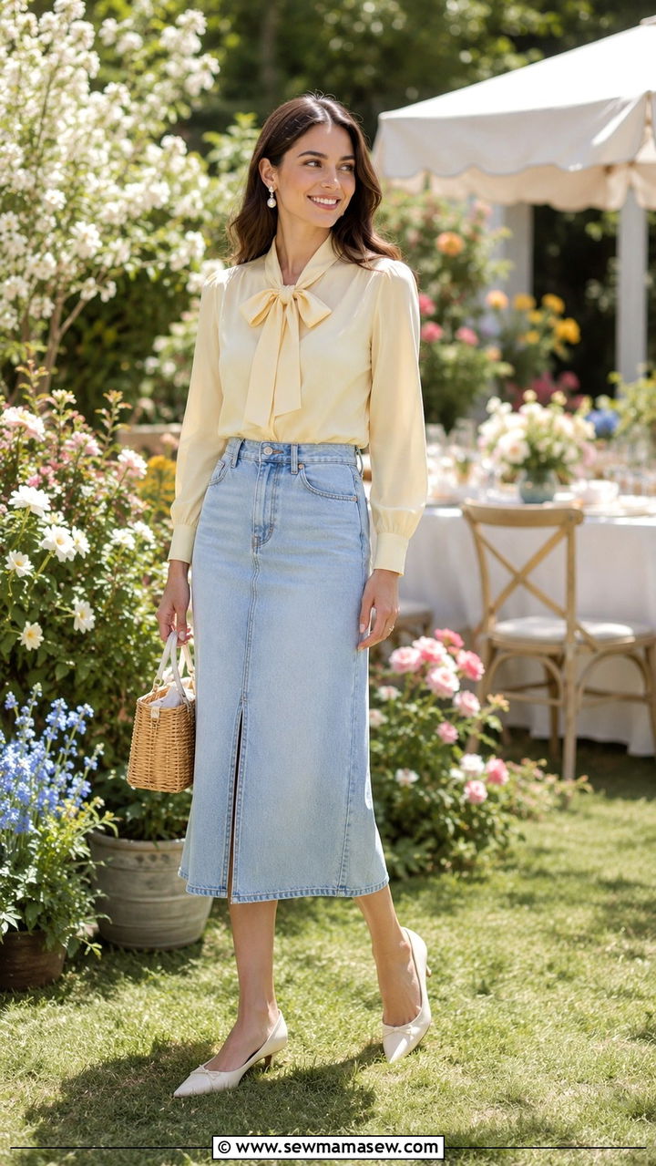 Denim Skirt with a Pastel Blouse and Kitten Heels - 30 Denim skirt outfit ideas with heels