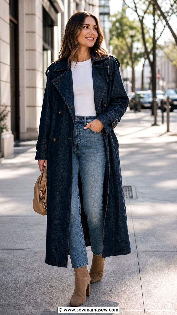 Denim Trench Coat With Jeans - 35 Canadian tuxedo outfit ideas