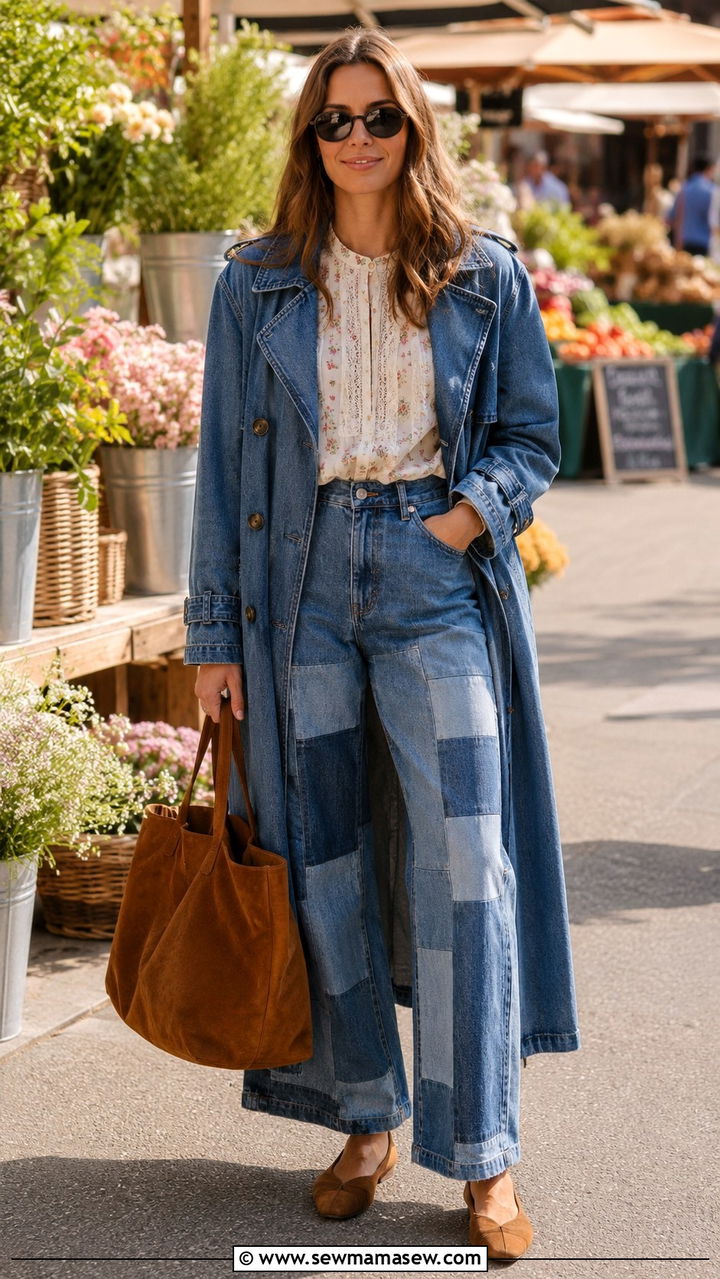 Denim Trench Coat and Patchwork Jeans - 20 Boho outfit ideas Sienna Miller style