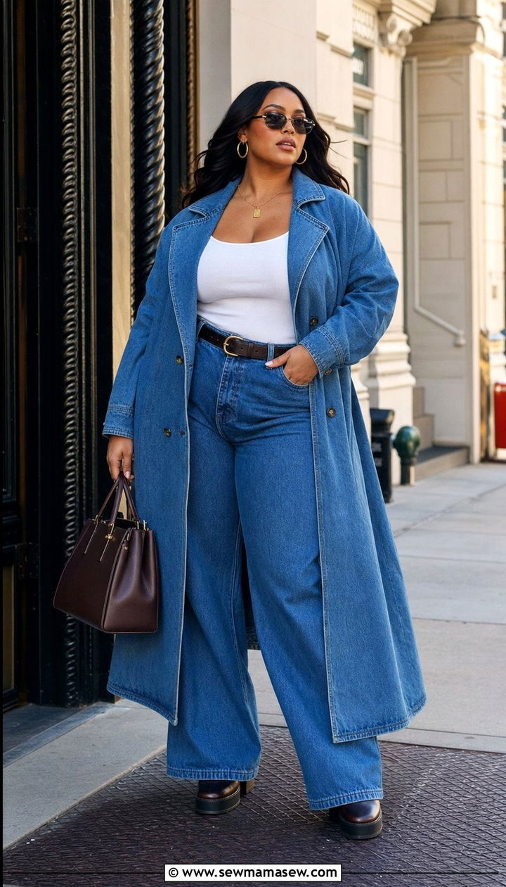 Denim Trench Coat and Wide Leg Jeans - 25 Double denim outfit ideas plus size