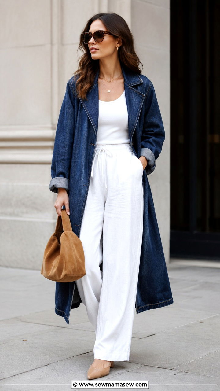 Denim Trench Coat with White Linen Trousers - 30 Late June outfit ideas