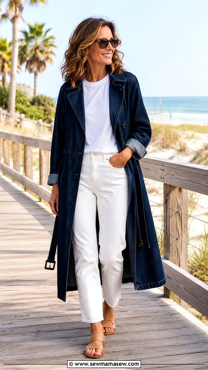 Denim Trench Coat with White Tee and Sandals - 30 trench coat outfits for women over 40