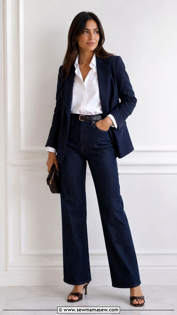 Denim Trousers With Blazer Outfit - 30 trousers outfit ideas for women
