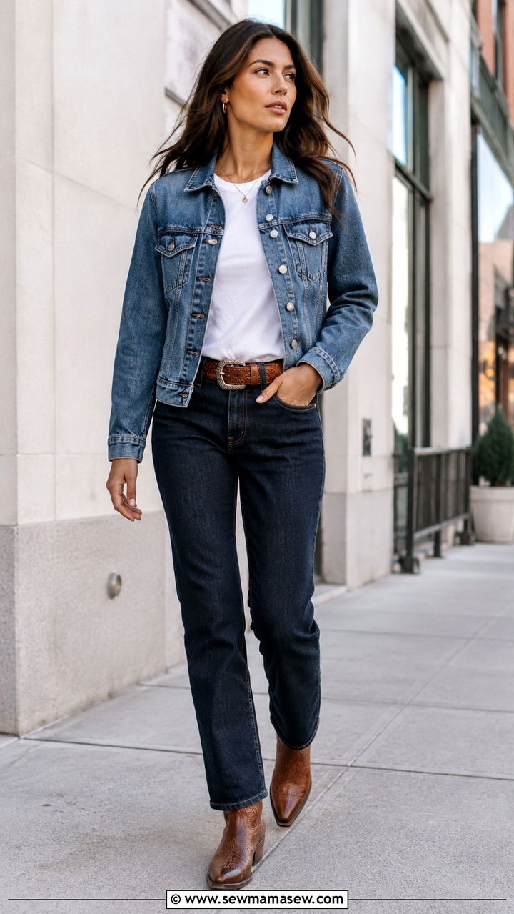 Denim Trucker Jacket With Straight Leg Jeans And Cowboy Boots - 30 transitional western outfit ideas