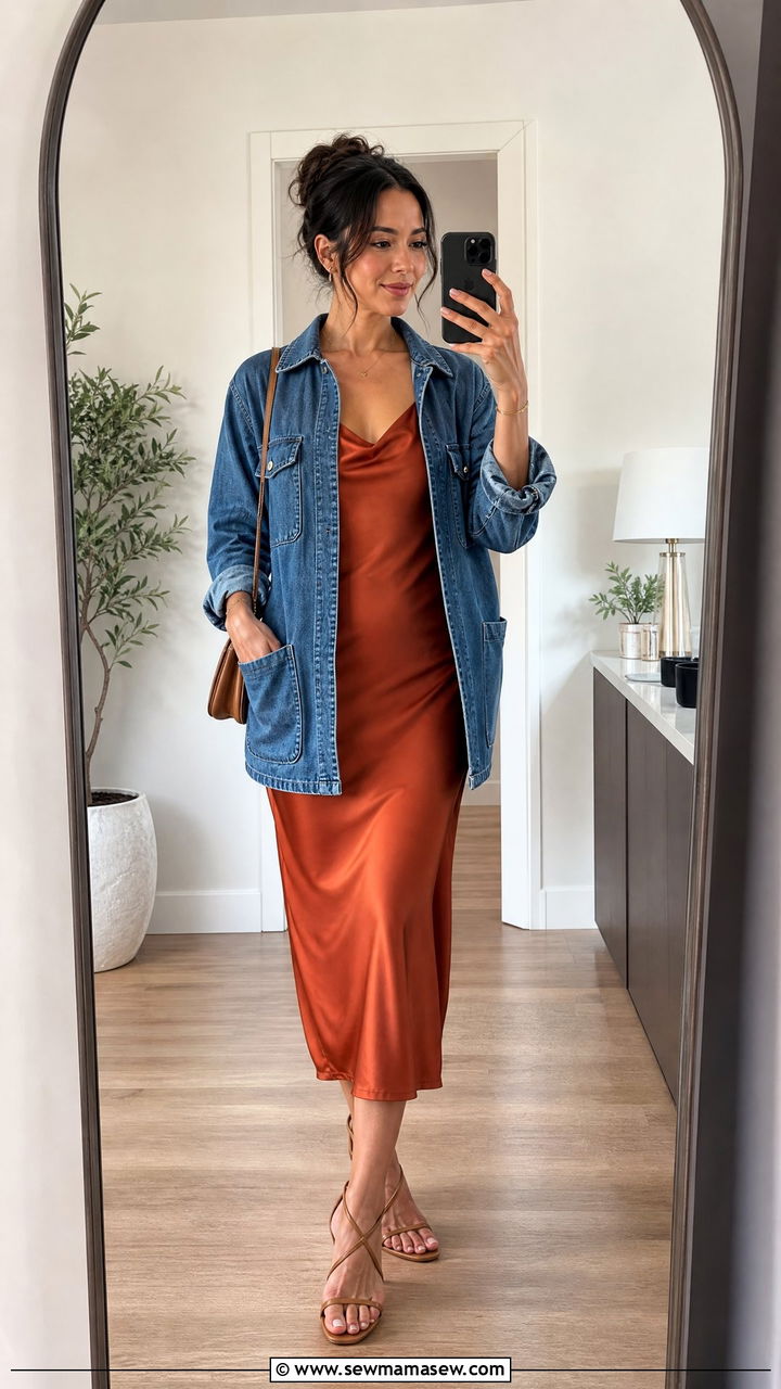 Denim Utility Jacket With Slip Dress Outfit - 30 Summer outfits with utility jacket