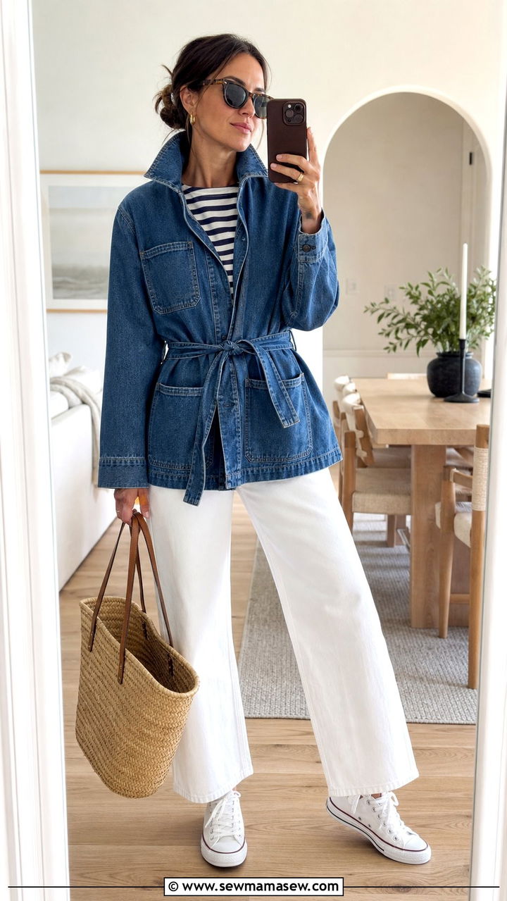 Denim Utility Jacket and White Jeans - 25 spring utility chic outfit ideas