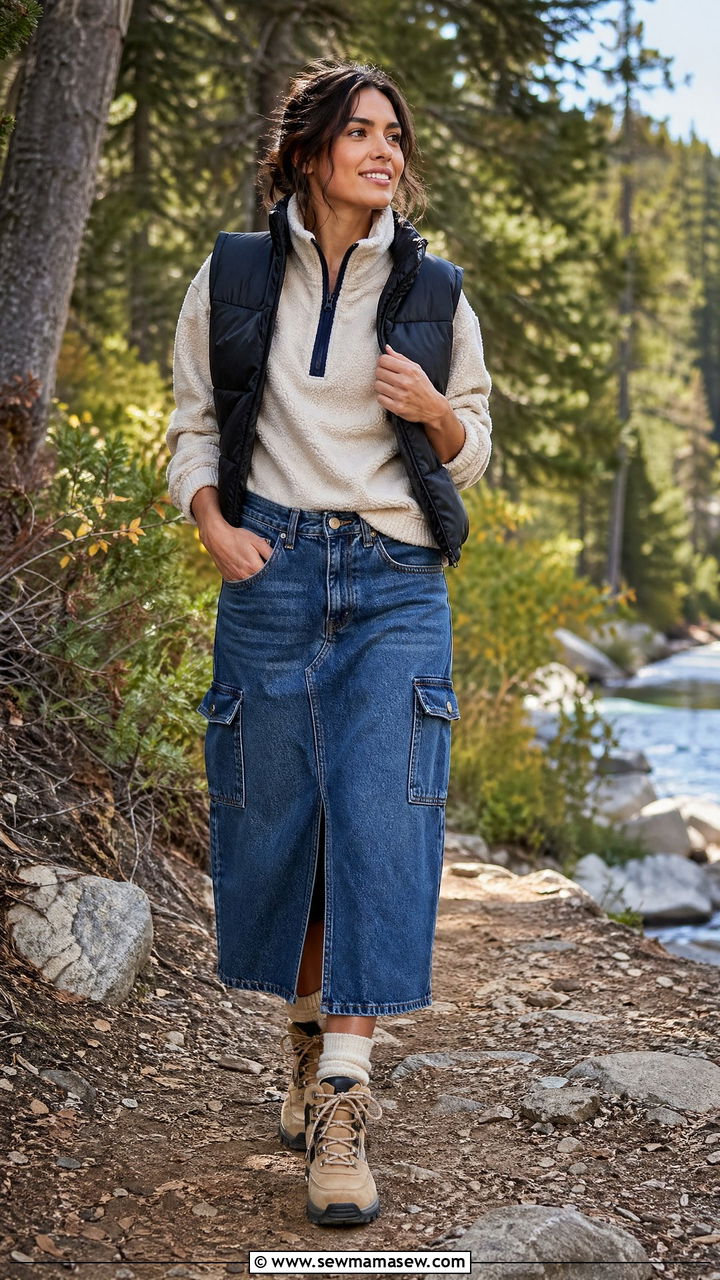Denim Utility Skirt with Hiking Boots and Fleece Jacket - 35 denim skirt outfits for women