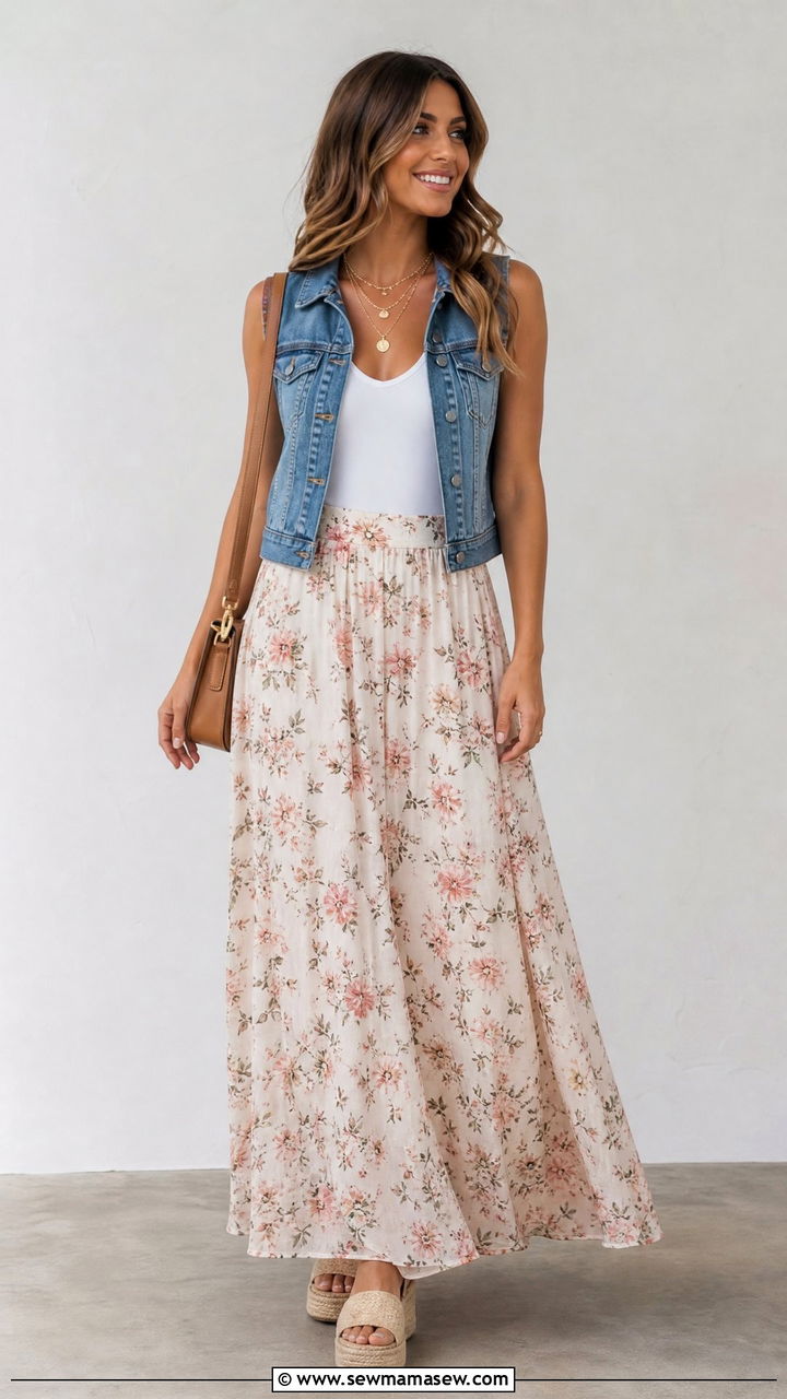 Denim Vest And Flowy Maxi Skirt Outfit - 30 summer wardrobe essentials outfits