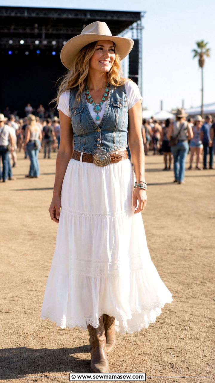 Denim Vest And Maxi Skirt Outfit - 40 Spring concert outfits