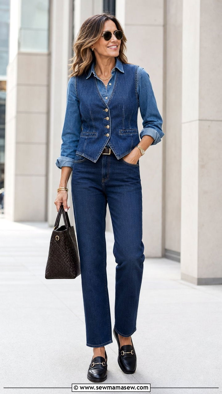 Denim Vest Layered Over a Denim Shirt - 25 Double denim outfit ideas over 40