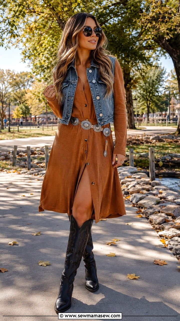 Denim Vest Over Cardigan Dress Outfit - 30 chic country concert outfits for women