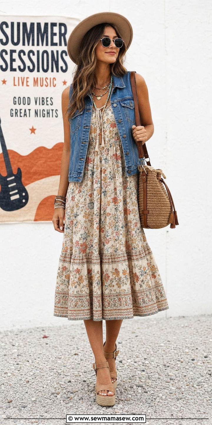 Denim Vest Over Floral Dress - 35 casual boho chic outfits
