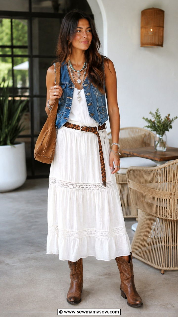 Denim Vest Over White Maxi Skirt With Cowboy Boots - 25 Boho outfit ideas with cowboy boots
