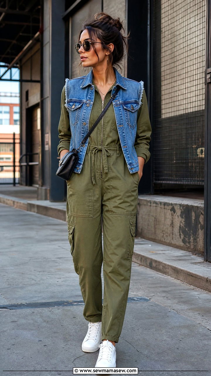 Denim Vest Over a Utility Jumpsuit - 25 Western outfit ideas with denim vest