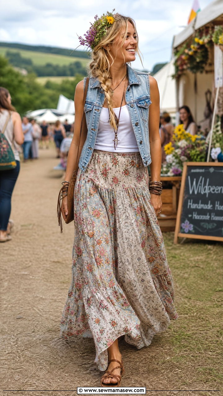Denim Vest With A Flowy Floral Maxi Skirt - 30 festival outfits Pinterest