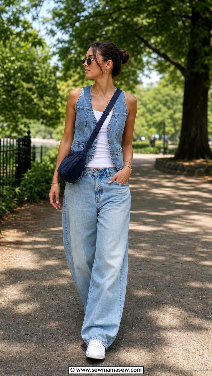Denim Vest With Baggy Light Wash Jeans - 25 summer denim on denim outfit ideas