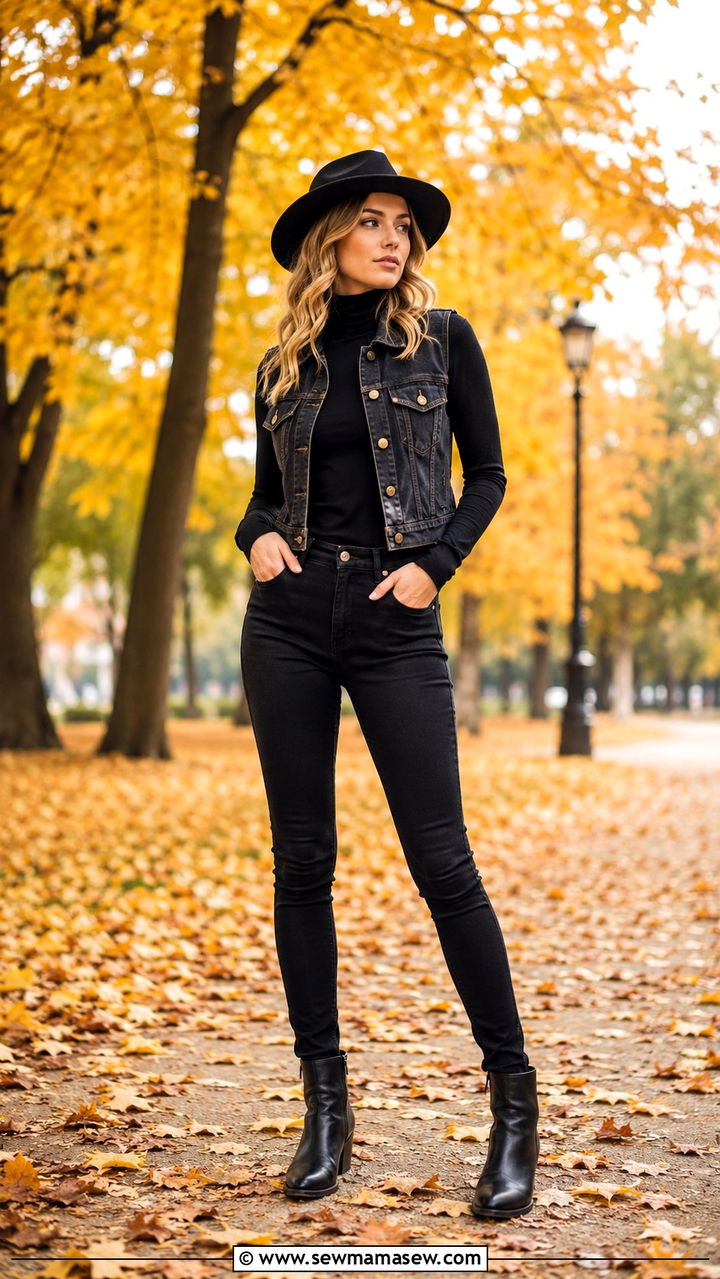 Denim Vest With Black Skinny Jeans and Turtleneck - 25 Western outfit ideas with denim vest