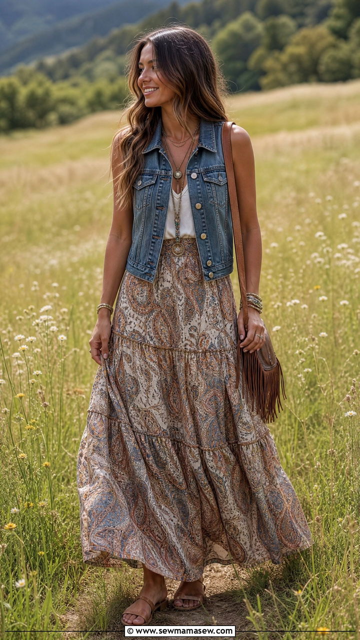 Denim Vest With Boho Maxi Skirt and Layered Jewelry - 25 Western outfit ideas with denim vest