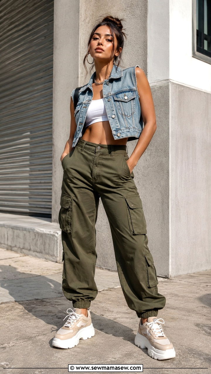 Denim Vest With Cargo Pants and Crop Top - 25 Western outfit ideas with denim vest