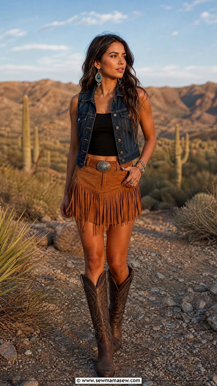 Denim Vest With Fringe Suede Skirt and Cowboy Boots - 25 Western outfit ideas with denim vest