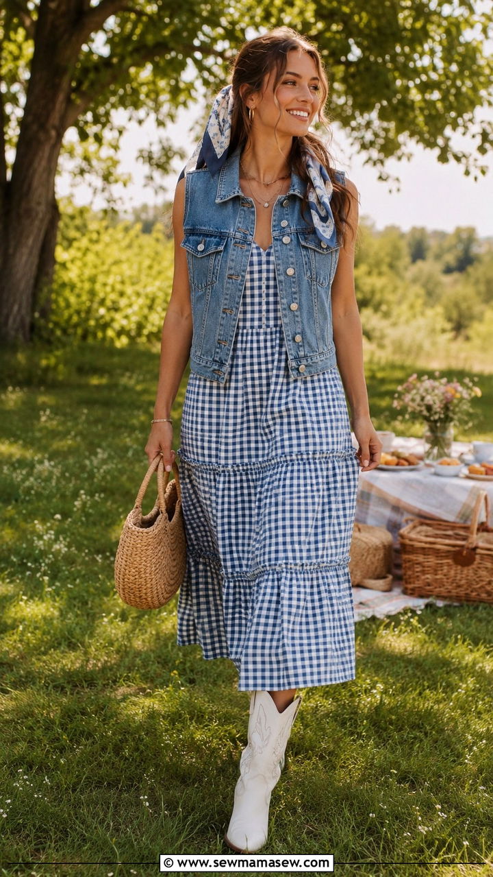 Denim Vest With Gingham Dress and Cowboy Boots - 25 Western outfit ideas with denim vest