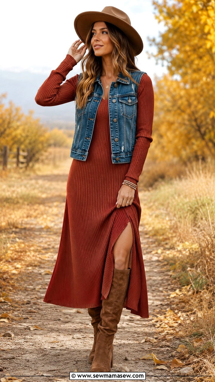 Denim Vest With Knit Maxi Dress and Western Hat - 25 Western outfit ideas with denim vest