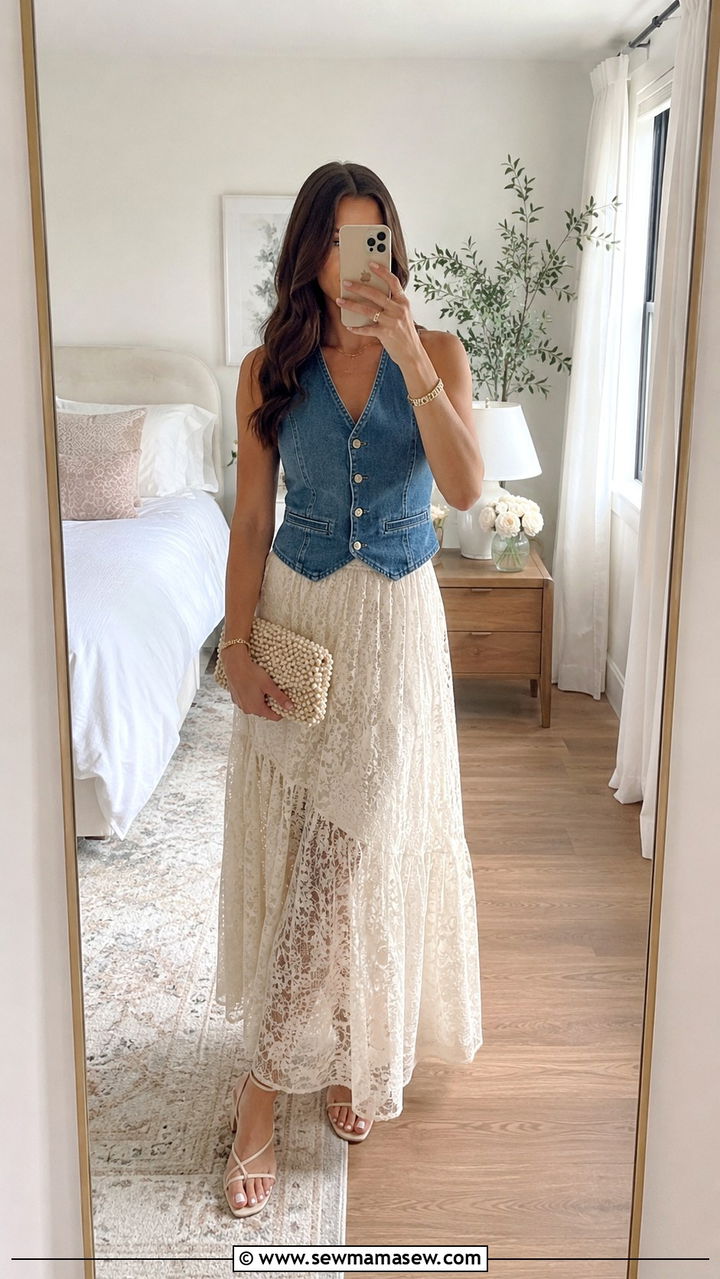 Denim Vest With Lace Maxi Skirt and Heeled Sandals - 25 Western outfit ideas with denim vest