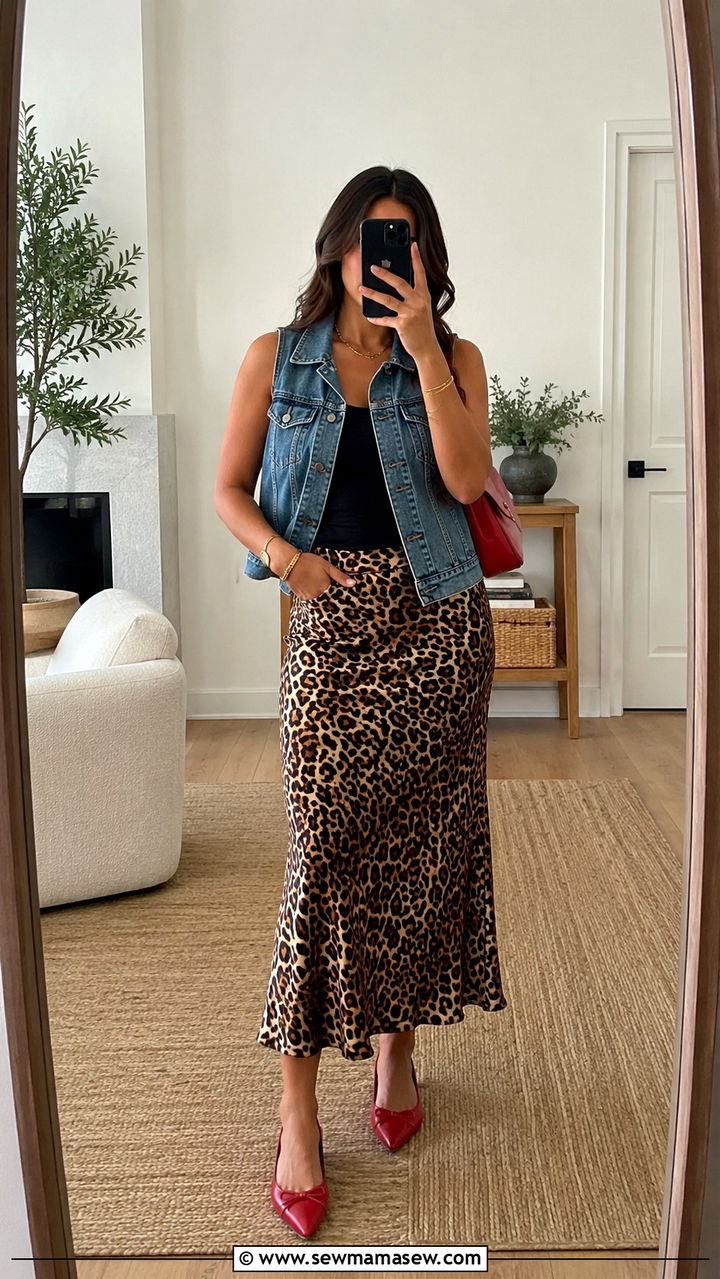 Denim Vest With Leopard Print Midi Skirt and Red Accessories - 25 Western outfit ideas with denim vest