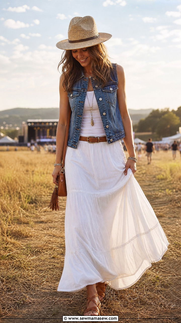 Denim Vest With Maxi Skirt - 30 classy summer concert outfit ideas