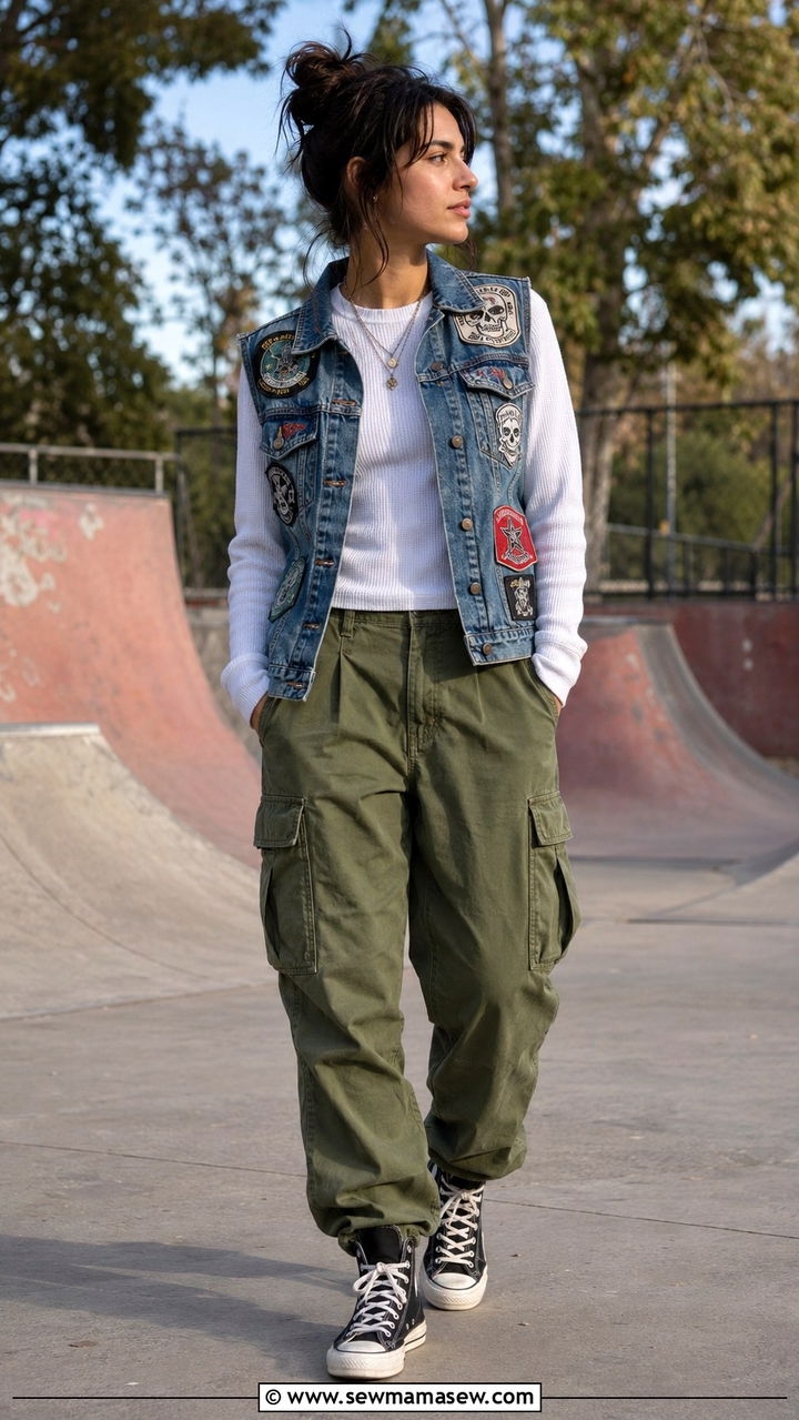 Denim Vest With Patches And Cargo Pants Outfit - 25 Punk outfit ideas