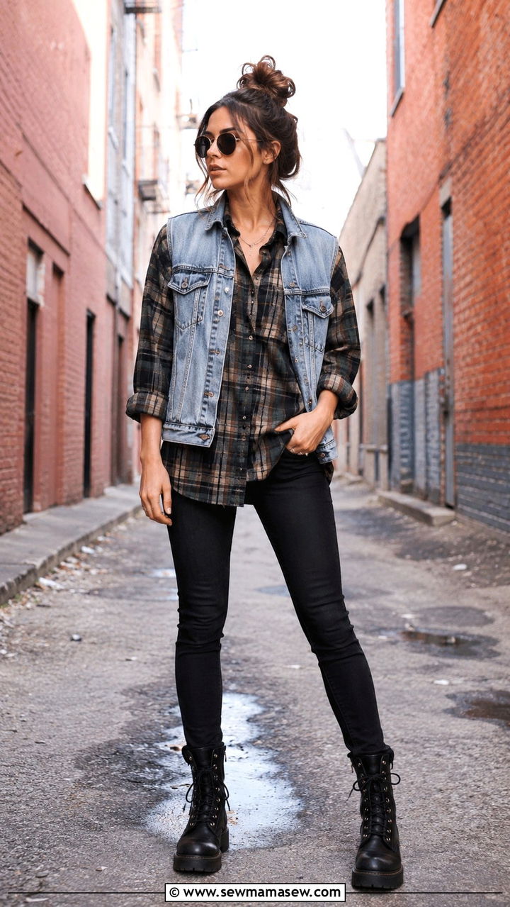 Denim Vest and Flannel Shirt with Black Skinny Jeans - 30 grunge outfits inspo