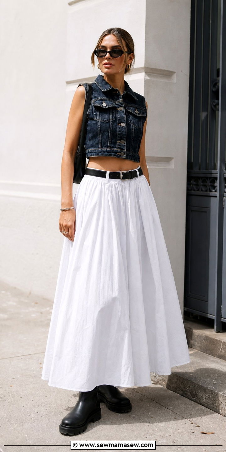 Denim Vest and Flowy Maxi Skirt - 25 summer model off duty outfit ideas