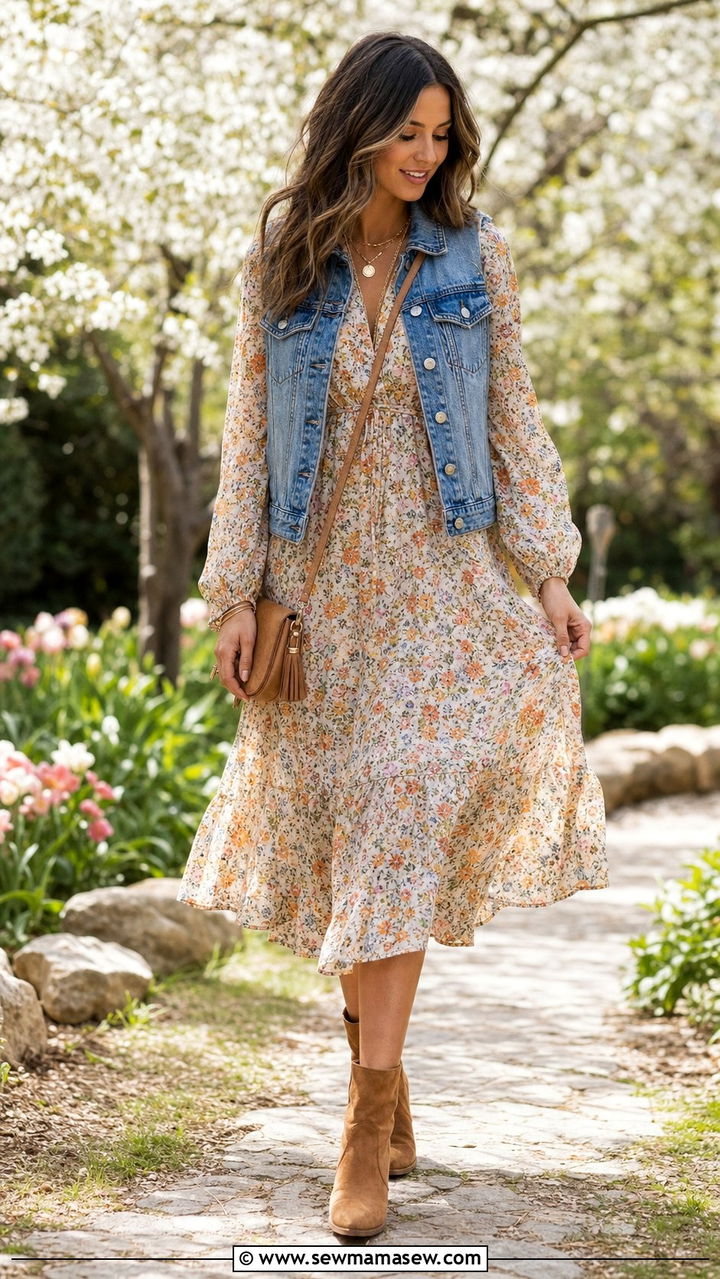 Denim Vest over Floral Midi Dress with Ankle Boots - 25 spring vest outfit ideas